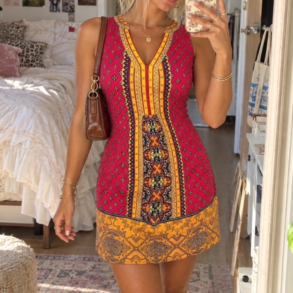 Hale Bob Y2K Printed Mini Dress Womens XS Pink Orange 70s Mod Shift D1